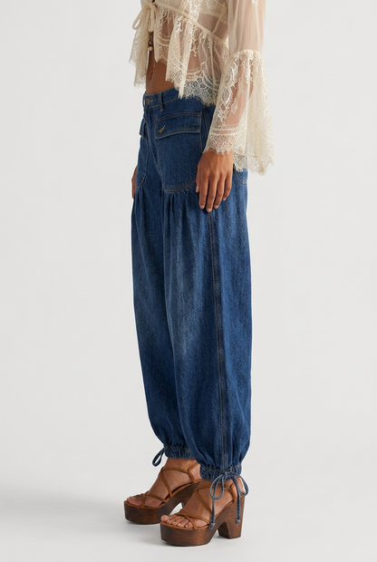 Lani Denim Wide Leg Pants With Double Pleated Pockets by Selouva