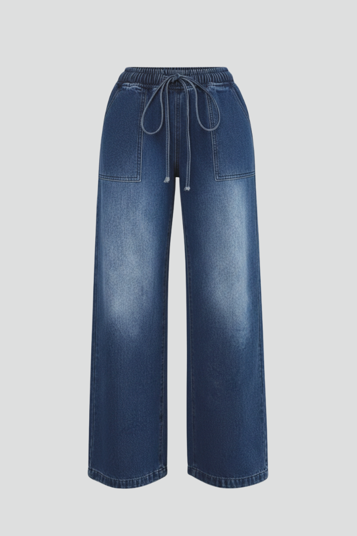 Lauren Womens Denim Wide Leg Trousers With Drawstring Waist Patch Pockets by Selouva