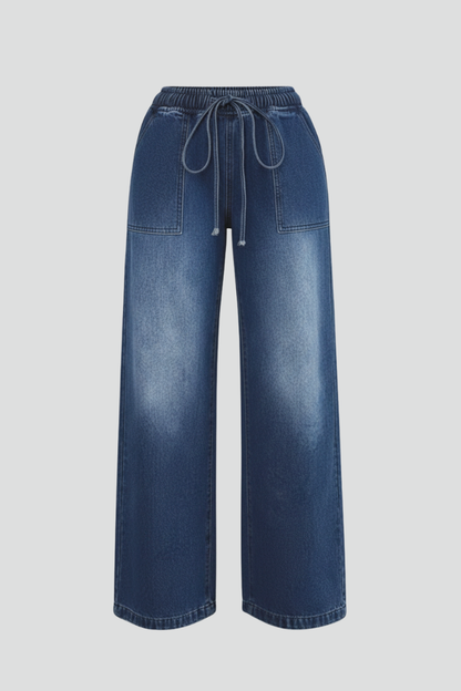 Lauren Womens Denim Wide Leg Trousers With Drawstring Waist Patch Pockets by Selouva