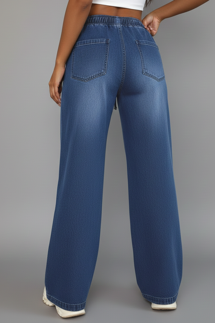 Lauren Womens Denim Wide Leg Trousers With Drawstring Waist Patch Pockets by Selouva