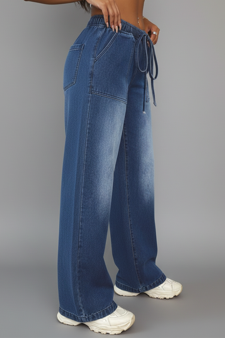 Lauren Womens Denim Wide Leg Trousers With Drawstring Waist Patch Pockets by Selouva
