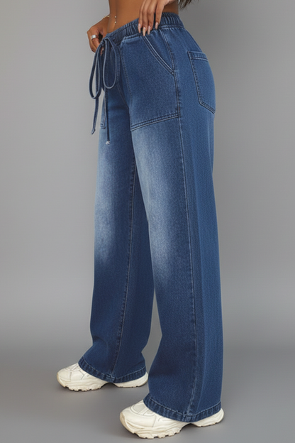 Lauren Womens Denim Wide Leg Trousers With Drawstring Waist Patch Pockets by Selouva