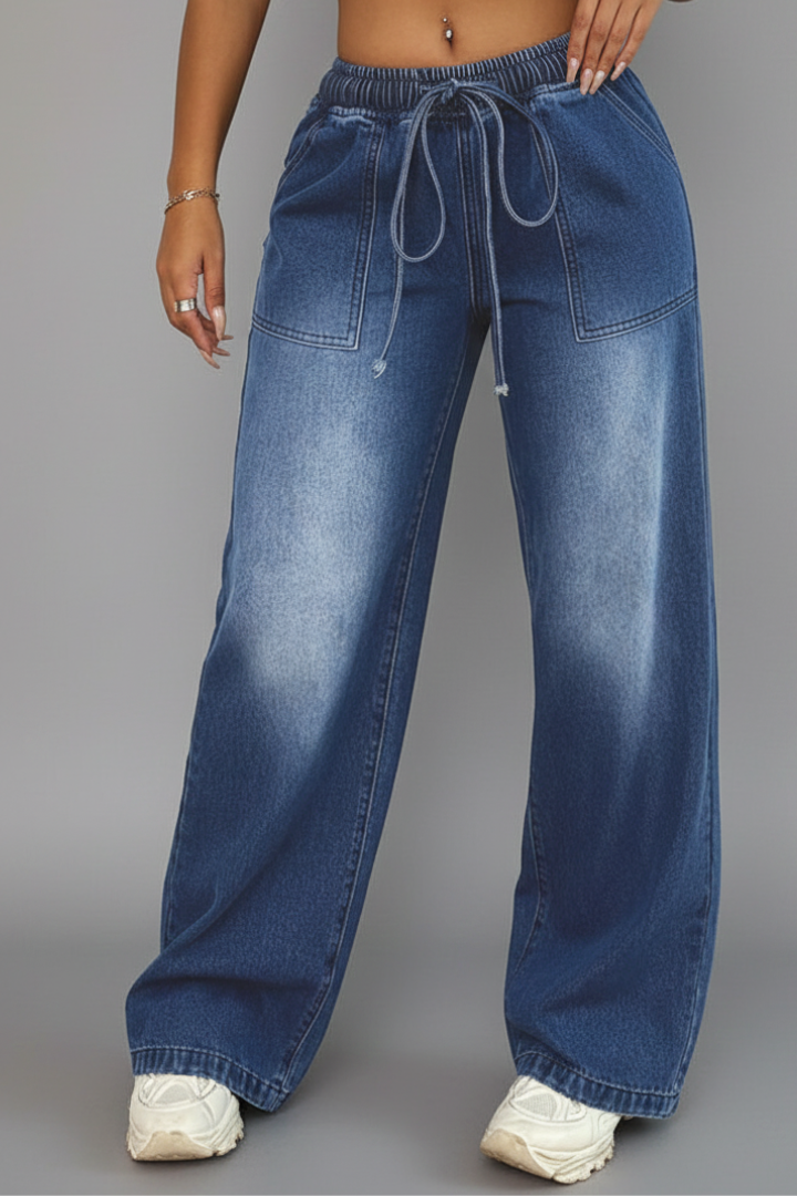 Lauren Womens Denim Wide Leg Trousers With Drawstring Waist Patch Pockets by Selouva