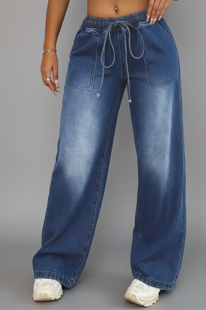 Lauren Womens Denim Wide Leg Trousers With Drawstring Waist Patch Pockets by Selouva