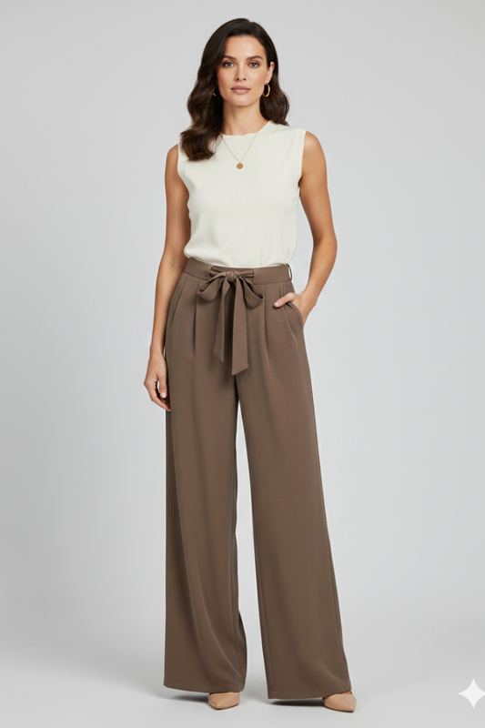 Evelyn Womens Wide Leg Palazzo Trousers With Drawstring Waist by Selouva