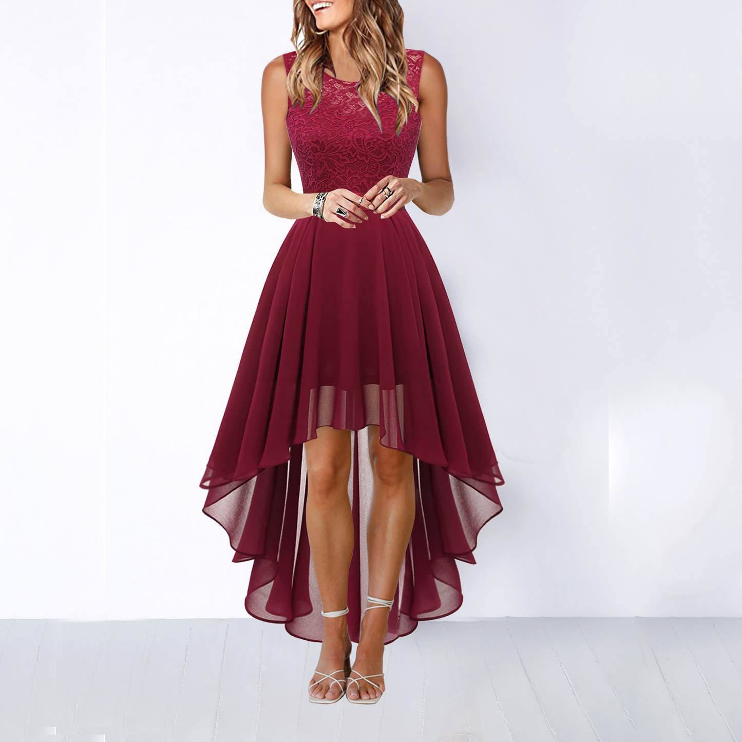 Kaitlyn Women's Burgundy Lace High-Low Wedding Guest Dress by Selouva
