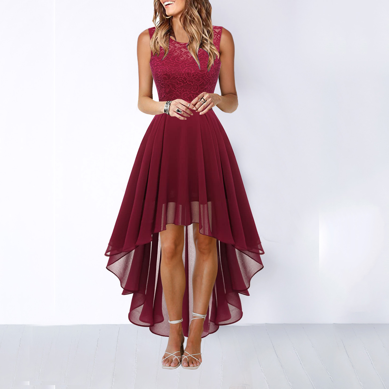 Kaitlyn Women's Burgundy Lace High-Low Wedding Guest Dress by Selouva
