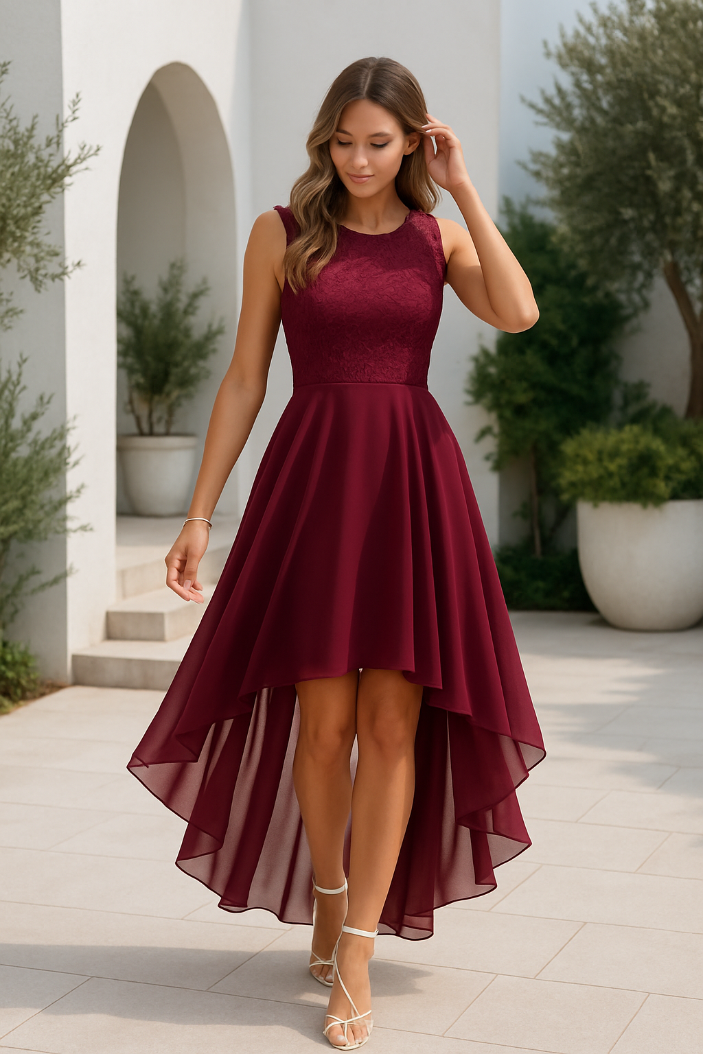 Kaitlyn Women's Burgundy Lace High-Low Wedding Guest Dress by Selouva
