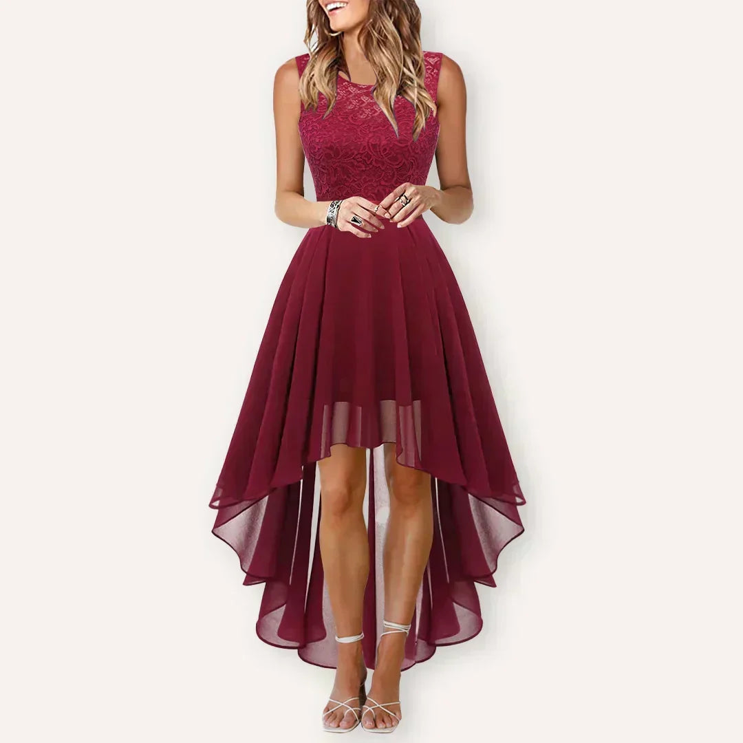 Kaitlyn Women's Burgundy Lace High-Low Wedding Guest Dress by Selouva