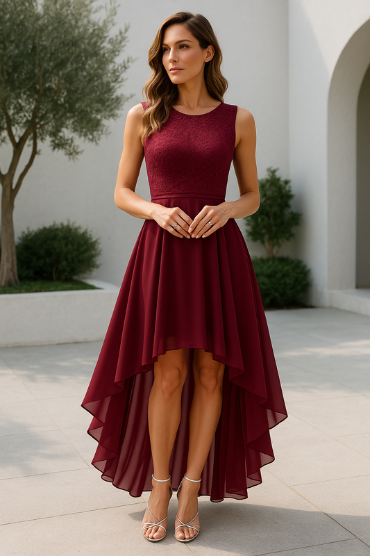 Kaitlyn Women's Burgundy Lace High-Low Wedding Guest Dress by Selouva