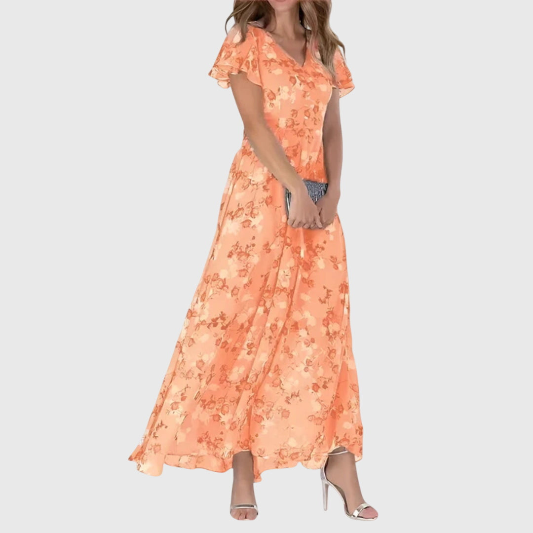 Lola Floral Maxi Dress Figure Flattering Peach Print for Elegant Occasions by Selouva