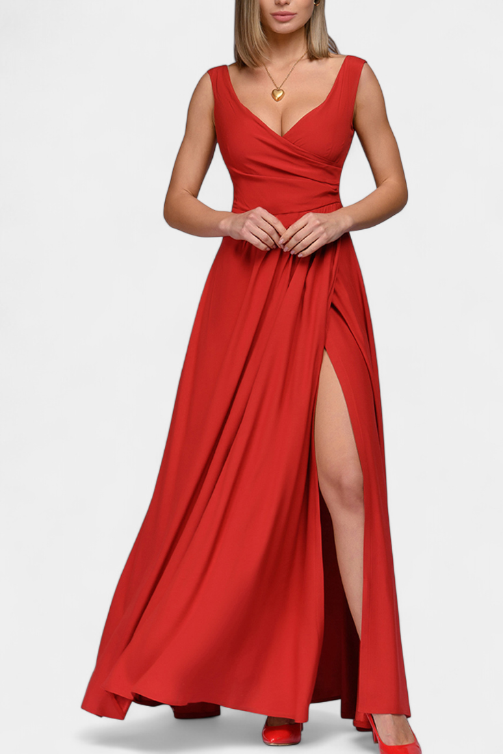 Vittalyn Burgundy Sophisticated Evening Dress With Draped Cross Neckline by Selouva