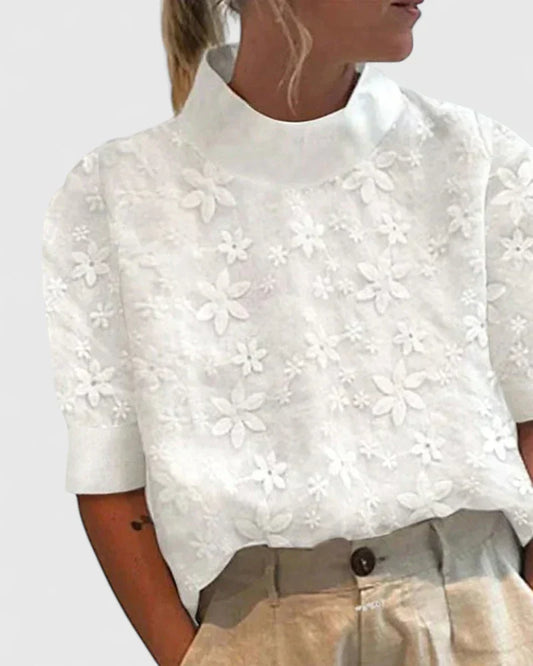 Rosalyetta Elegant Embroidered White Floral Blouse With Stand Collar by Selouva