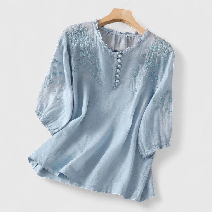 Vasilene Elegant Button Front Blouse With Embroidered Details by Selouva