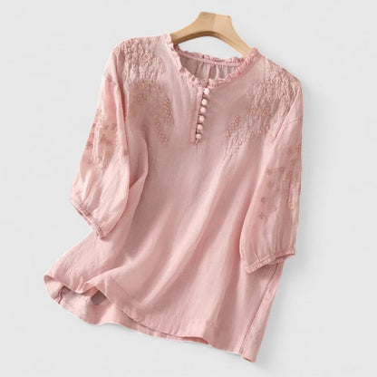 Vasilene Elegant Button Front Blouse With Embroidered Details by Selouva