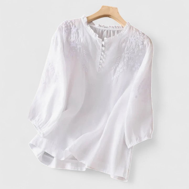 Vasilene Elegant Button Front Blouse With Embroidered Details by Selouva