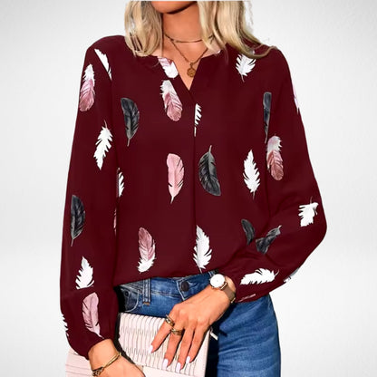 Nicole Confidence Fit Blouse With Feather Print In Black by Selouva