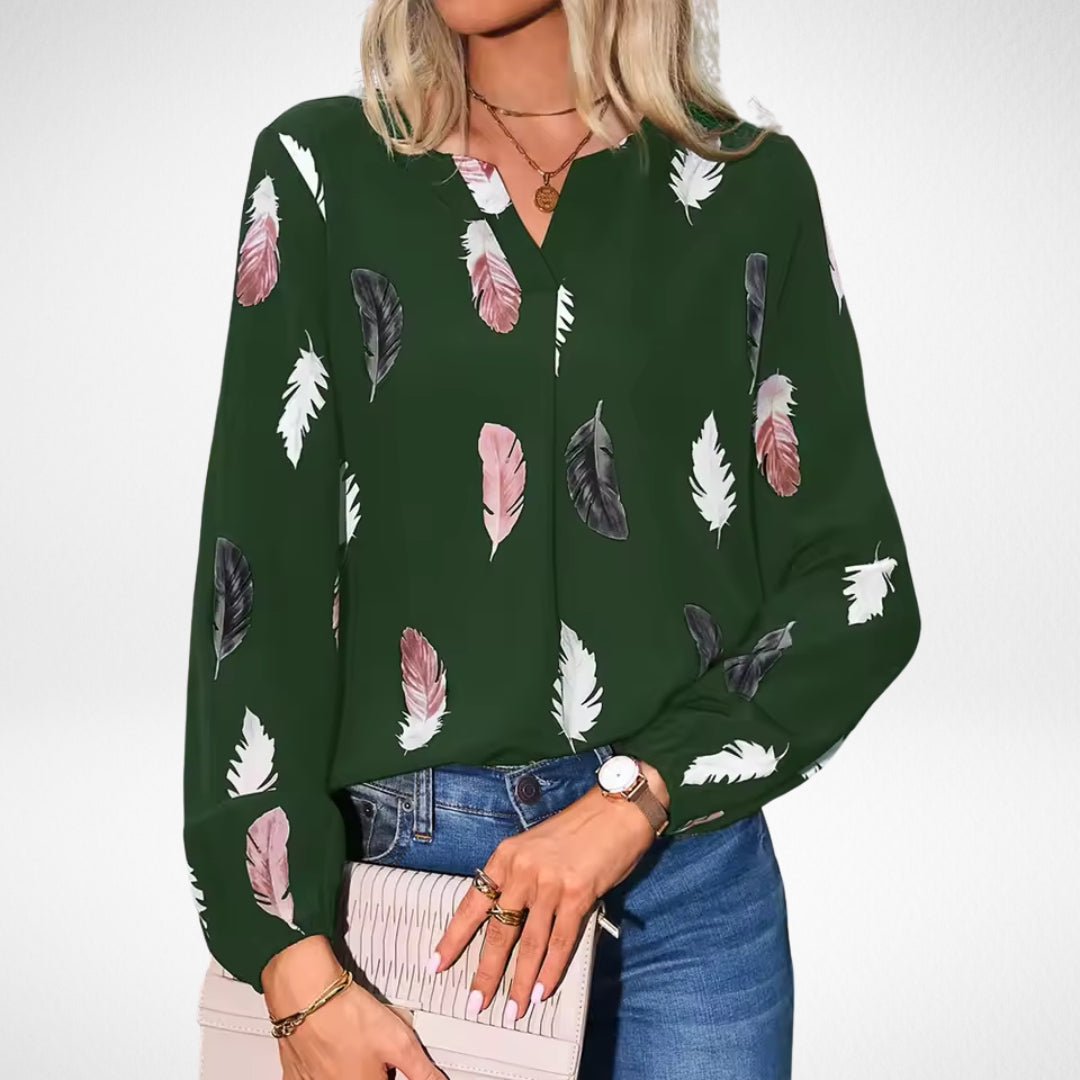 Nicole Confidence Fit Blouse With Feather Print In Black by Selouva