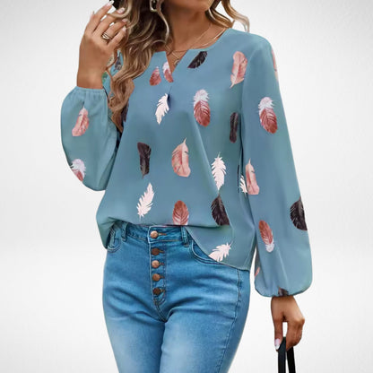 Nicole Confidence Fit Blouse With Feather Print In Black by Selouva