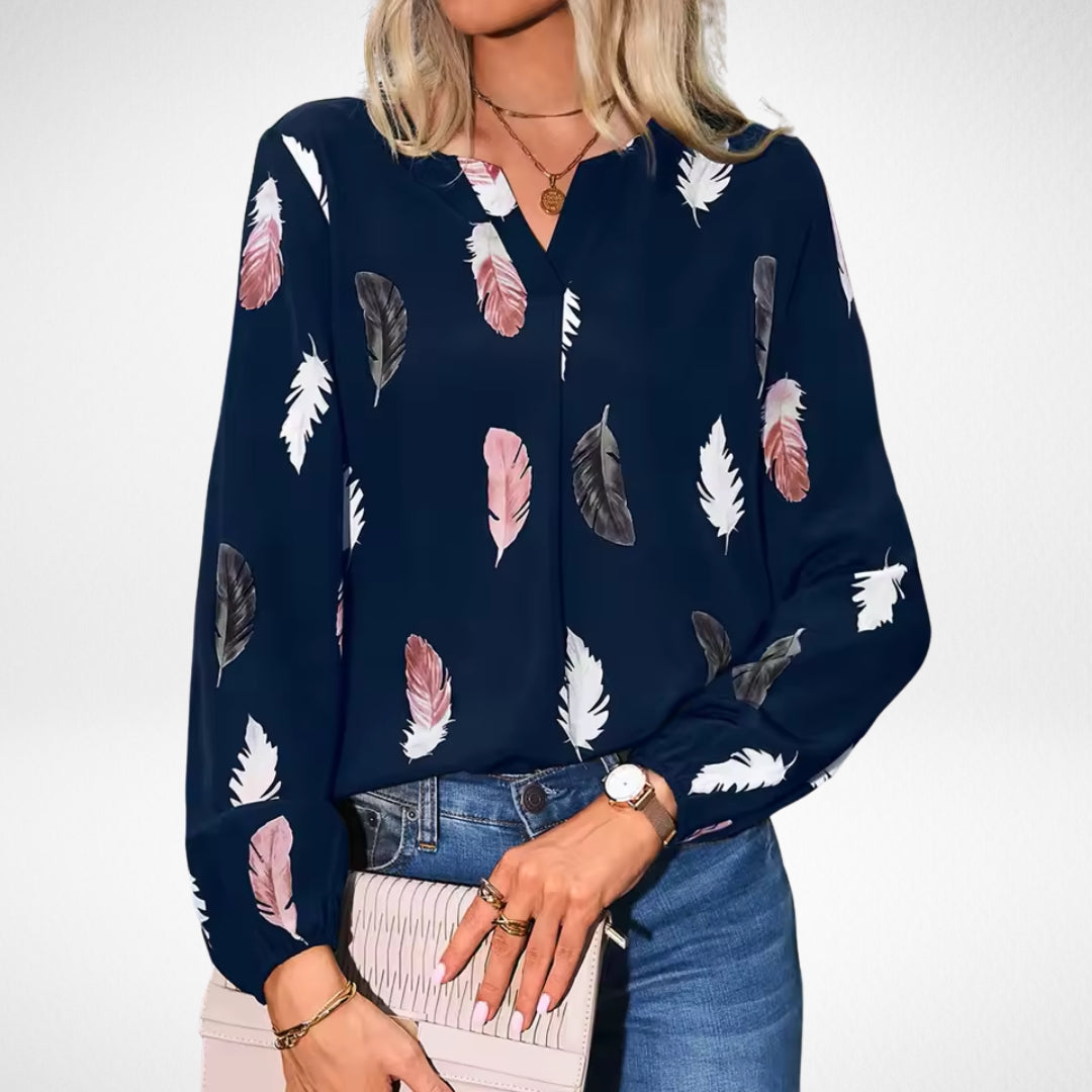 Nicole Confidence Fit Blouse With Feather Print In Black by Selouva