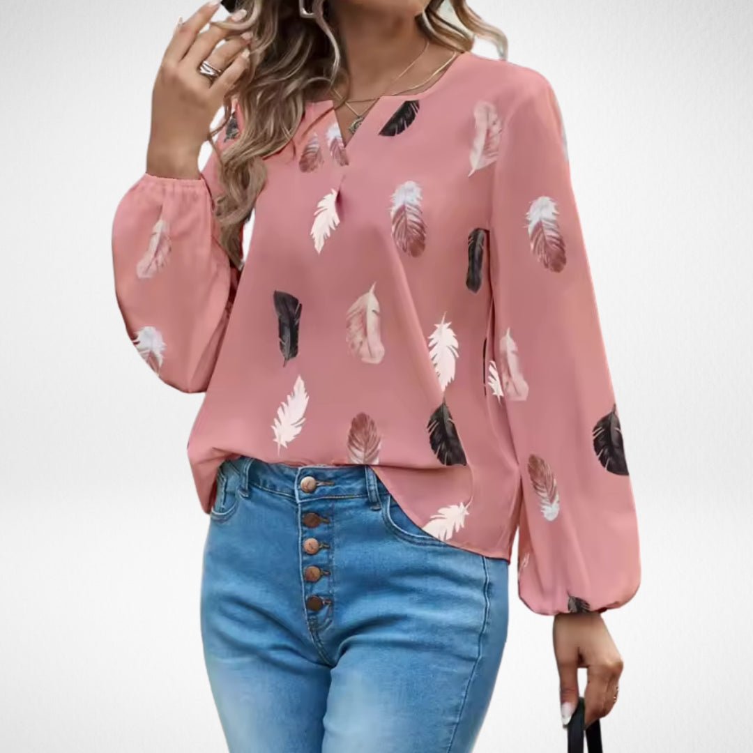 Nicole Confidence Fit Blouse With Feather Print In Black by Selouva