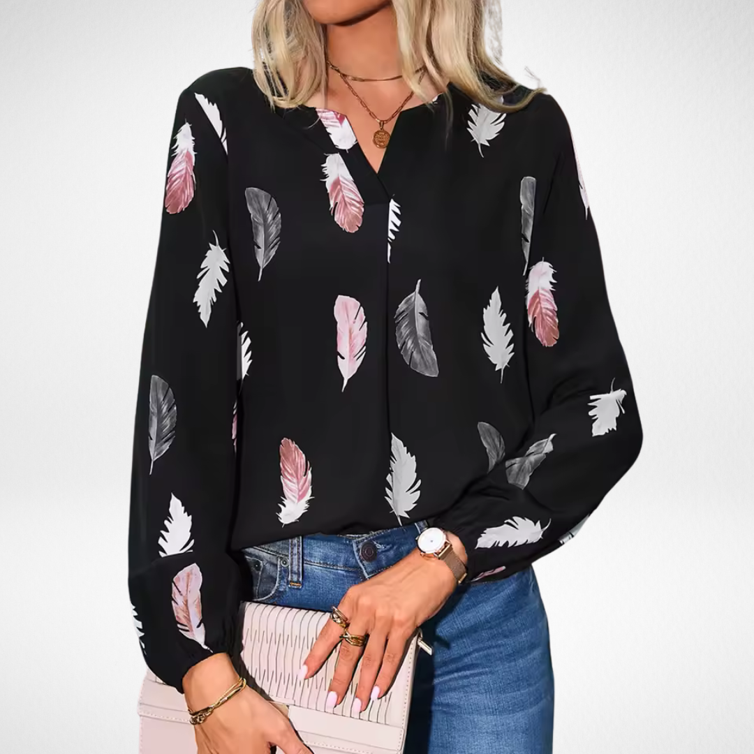 Nicole Confidence Fit Blouse With Feather Print In Black by Selouva