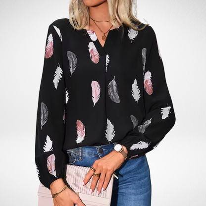 Nicole Confidence Fit Blouse With Feather Print In Black by Selouva