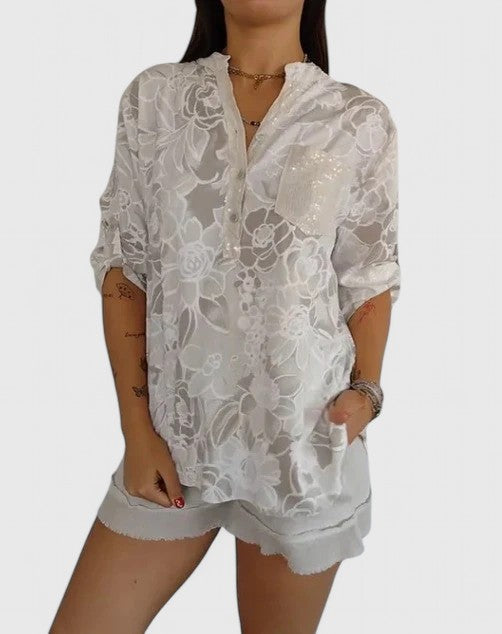 Rhezlynn Sophisticated Floral Blouse In Light Blue by Selouva