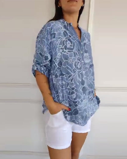 Rowella Sophisticated Blue Floral Print Blouse With Relaxed Fit by Selouva