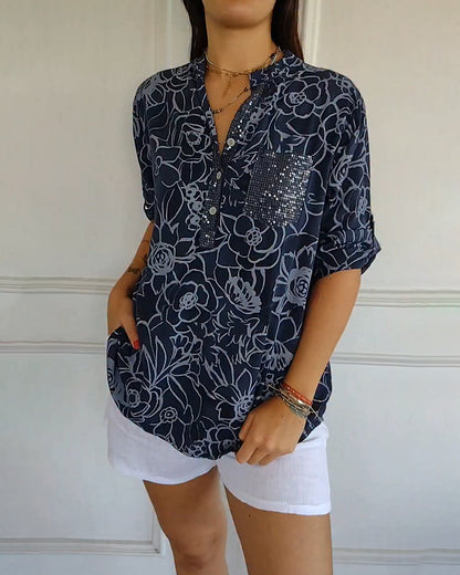 Rowella Sophisticated Blue Floral Print Blouse With Relaxed Fit by Selouva