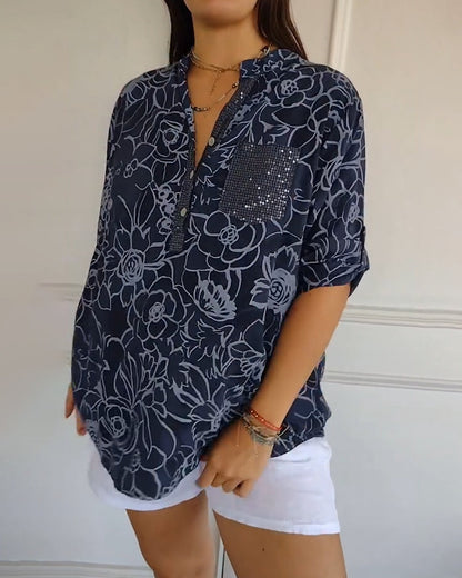 Rowella Sophisticated Blue Floral Print Blouse With Relaxed Fit by Selouva