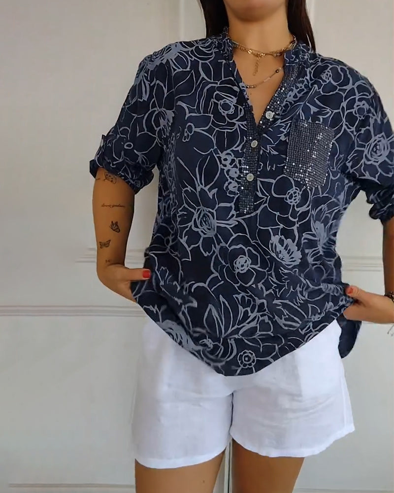 Rowella Sophisticated Blue Floral Print Blouse With Relaxed Fit by Selouva