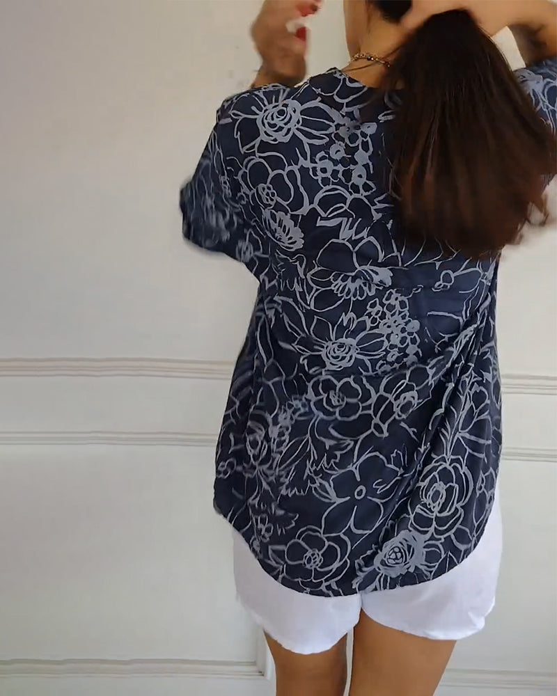 Rowella Sophisticated Blue Floral Print Blouse With Relaxed Fit by Selouva