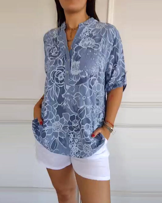 Rowella Sophisticated Blue Floral Print Blouse With Relaxed Fit by Selouva
