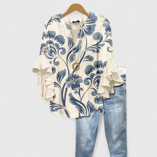 Saryphiah Floral Print Blouse With Ruffle Sleeves for Women by Selouva