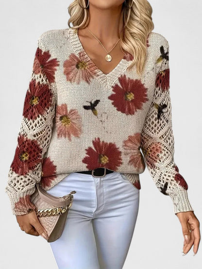 Aubrielynn Floral Knit Sweater With Crochet Sleeves by Selouva