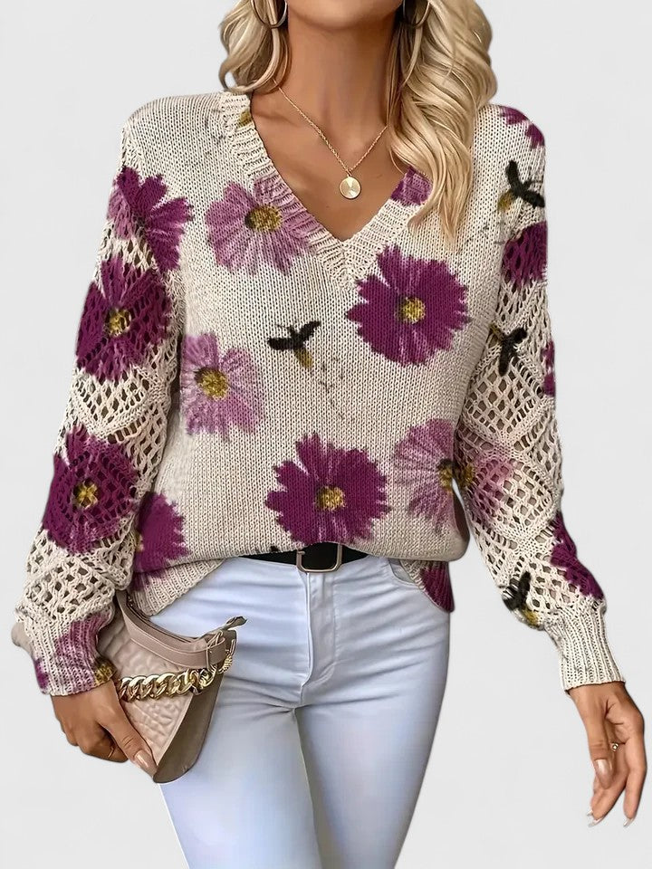 Aubrielynn Floral Knit Sweater With Crochet Sleeves by Selouva