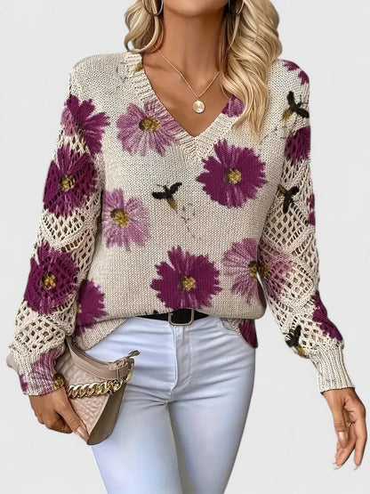 Aubrielynn Floral Knit Sweater With Crochet Sleeves by Selouva