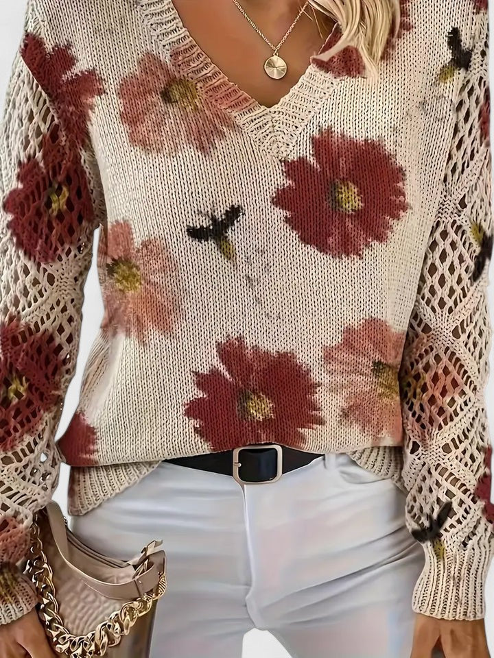Aubrielynn Floral Knit Sweater With Crochet Sleeves by Selouva