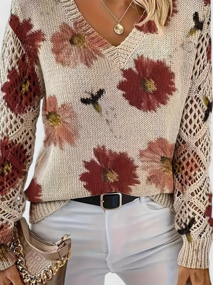 Aubrielynn Floral Knit Sweater With Crochet Sleeves by Selouva