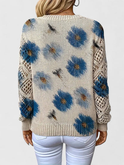 Aubrielynn Floral Knit Sweater With Crochet Sleeves by Selouva