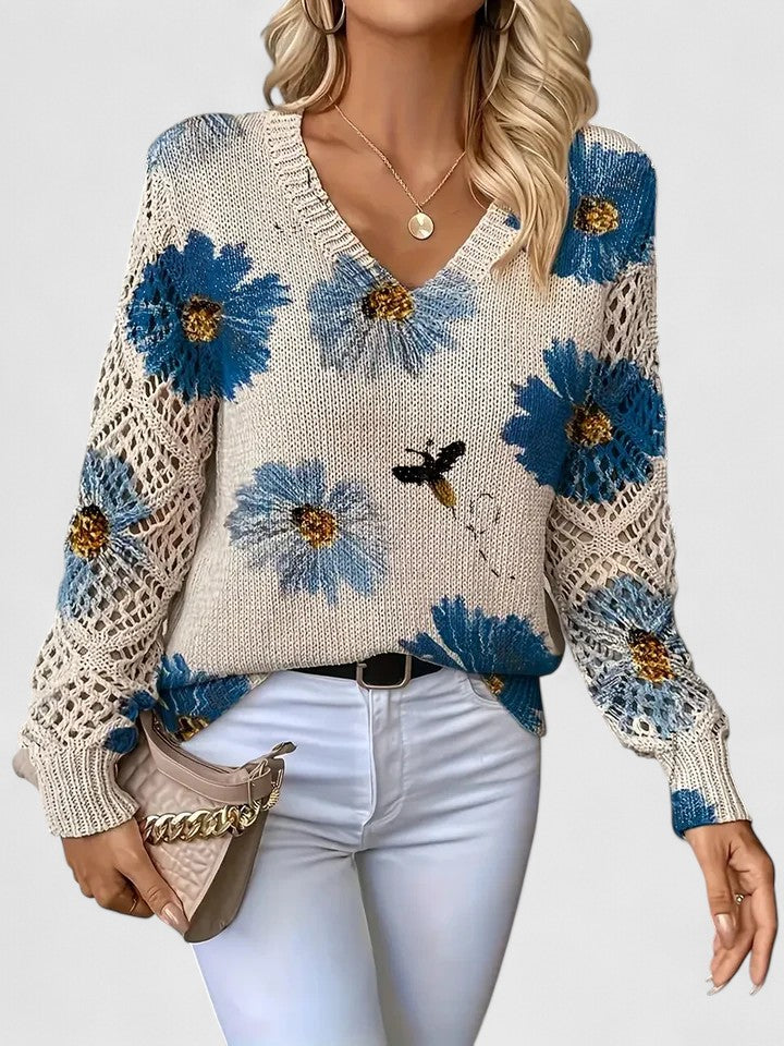 Aubrielynn Floral Knit Sweater With Crochet Sleeves by Selouva