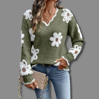 Talli Elegant Floral Knit Sweater With V Neck Soft Comfort by Selouva