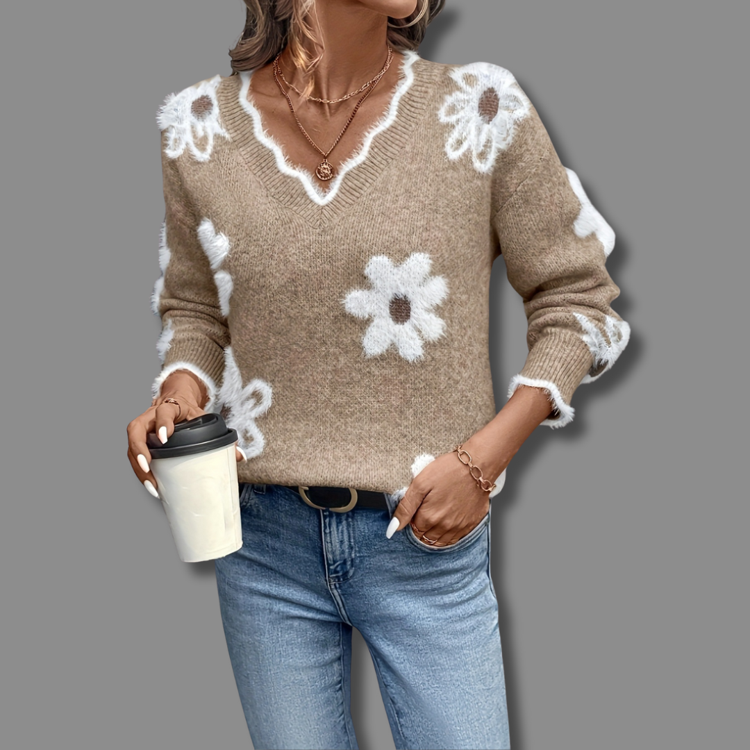 Talli Elegant Floral Knit Sweater With V Neck Soft Comfort by Selouva
