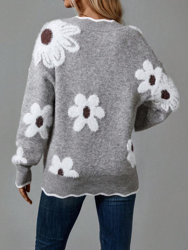Talli Elegant Floral Knit Sweater With V Neck Soft Comfort by Selouva