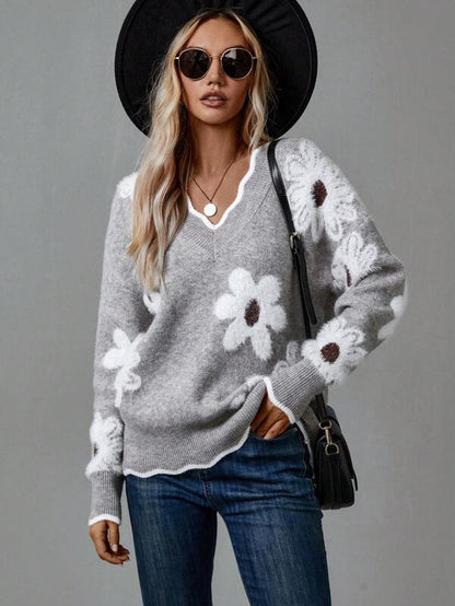 Talli Elegant Floral Knit Sweater With V Neck Soft Comfort by Selouva