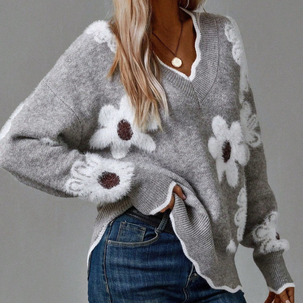 Talli Elegant Floral Knit Sweater With V Neck Soft Comfort by Selouva