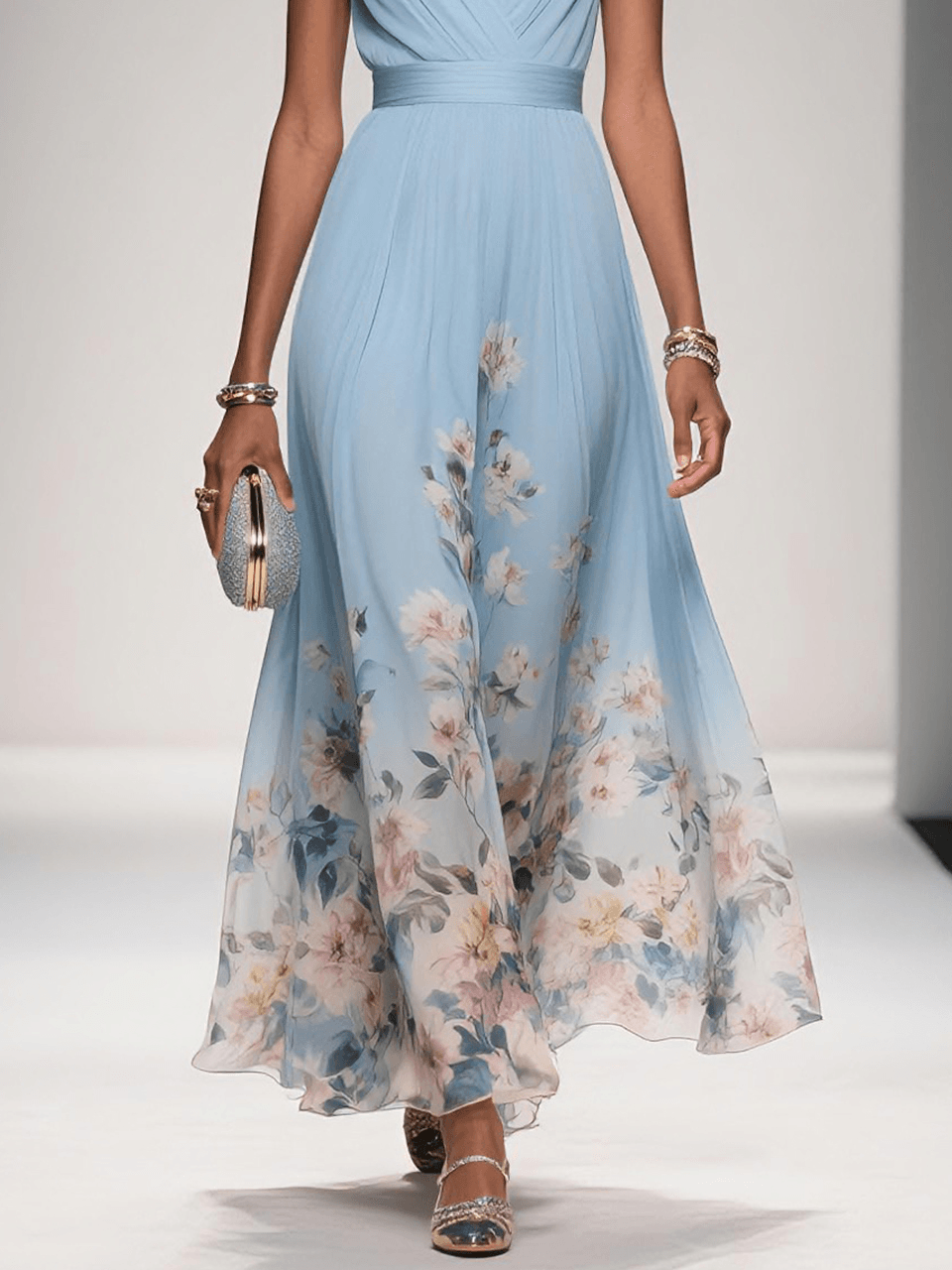 Isabella Floral Print Maxi Dress For Wedding Guests Light Blue by Selouva