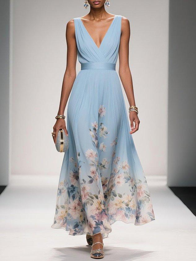 Isabella Floral Print Maxi Dress For Wedding Guests Light Blue by Selouva