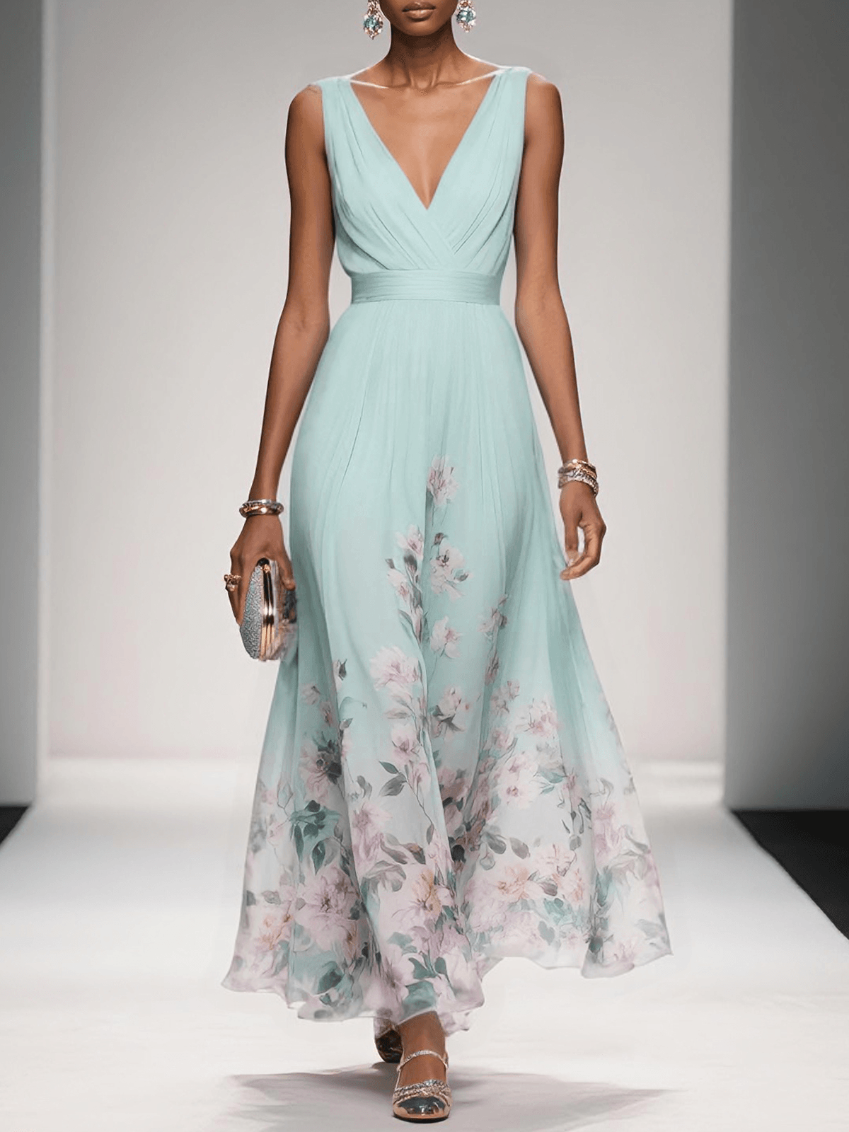 Isabella Floral Print Maxi Dress For Wedding Guests Light Blue by Selouva